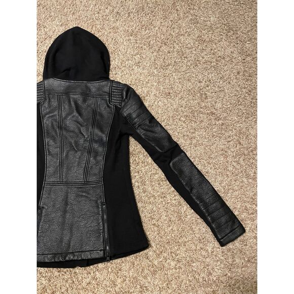 Blanc Noir Women's Asymetric Hooded Moto Jacket Faux Leather Black Size S - Picture 11 of 14